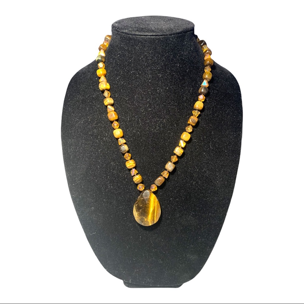 Chatoyant Tigers Eye Gemstone Necklace with Amber Coloured Beads Large